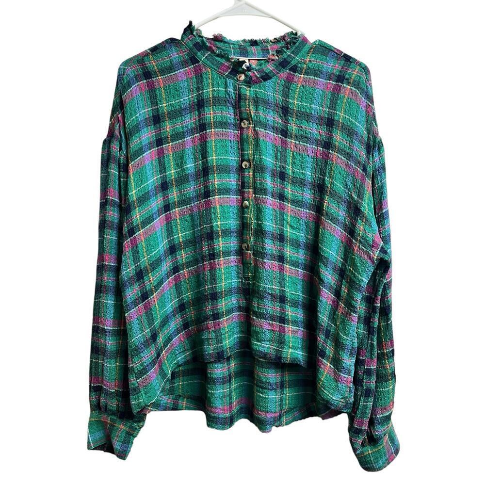 Pilcro Green Plaid Ruffle-Collar Button Front Blouse with Pink and Blue Accents
